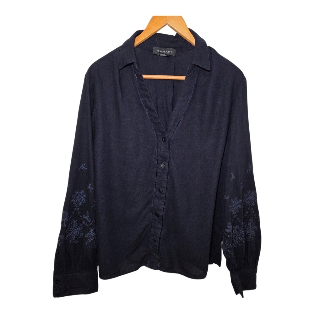 Tahari Embroidered Linen Blend Button Front Blouse XL Navy Blue Boho Cottagecore